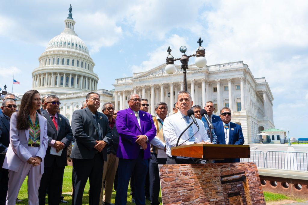 Senator Luján standing alongside Pueblo Governors and delegation members fighting to protect Chaco Canyon.